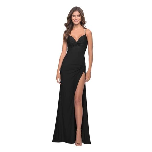 La Femme 31516 Twist Front Laced Back High Slit Prom Evening Dress Size 2 NWOT - Picture 1 of 11